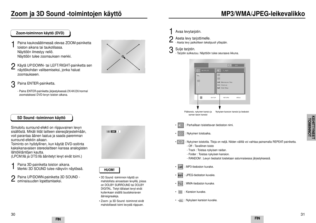 Samsung DVD-E232A/XEL Zoom ja 3D Sound -toimintojen käyttö, Avaa levytarjotin, Zoom-toiminnon käyttö DVD, Sulje tarjotin 