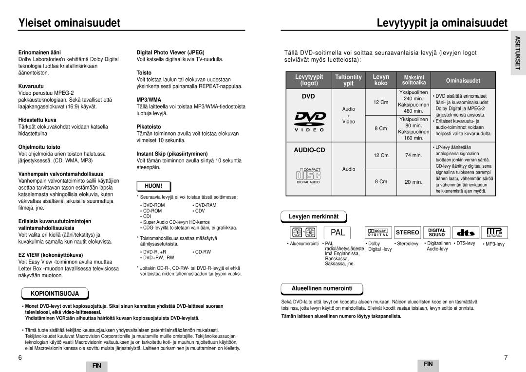 Samsung DVD-E232A/XEL manual Yleiset ominaisuudet Levytyypit ja ominaisuudet, Selviävät myös luettelosta, Levyjen merkinnät 