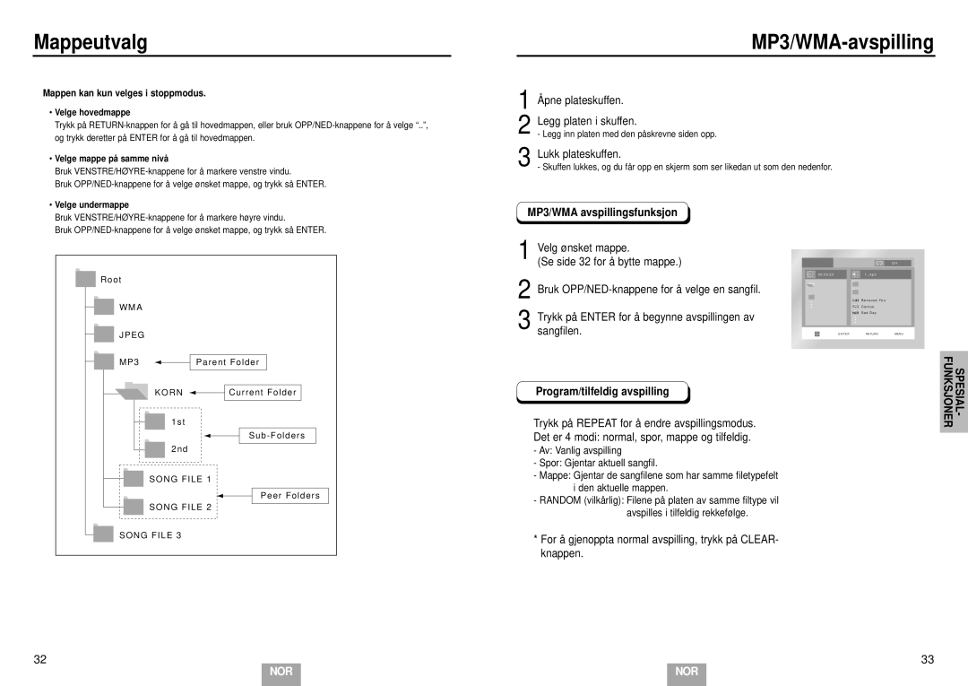 Samsung DVD-E232A/XEL manual Mappeutvalg, MP3/WMA-avspilling, MP3/WMA avspillingsfunksjon, Program/tilfeldig avspilling 