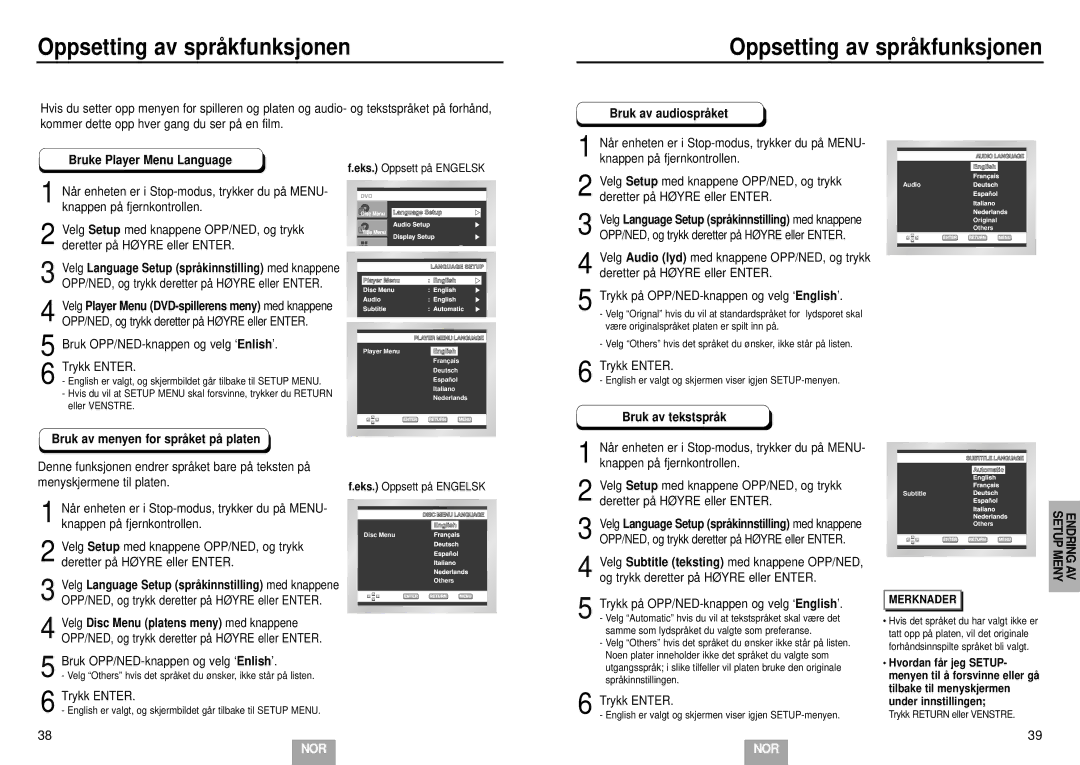 Samsung DVD-E232A/XEL manual Oppsetting av språ kfunksjonen, Bruk av audiosprå ket Bruke Player Menu Language 