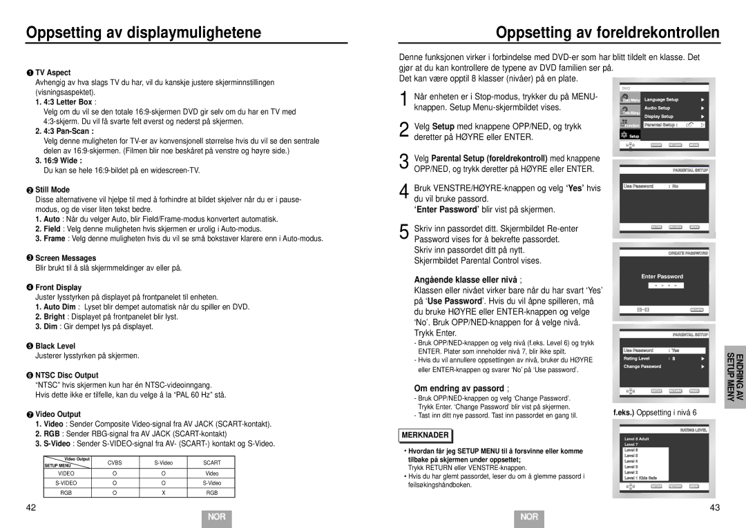 Samsung DVD-E232A/XEL manual Oppsetting av foreldrekontrollen, Angå ende klasse eller nivå, Om endring av passord 