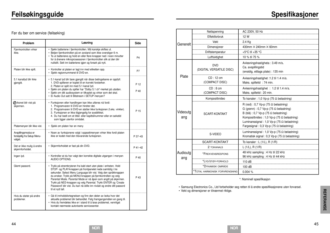 Samsung DVD-E232A/XEL manual Feilsøkingsguide, Fø r du ber om service feilsø king, Generelt, Referanse 