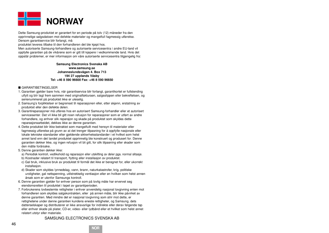 Samsung DVD-E232A/XEL manual Norway 