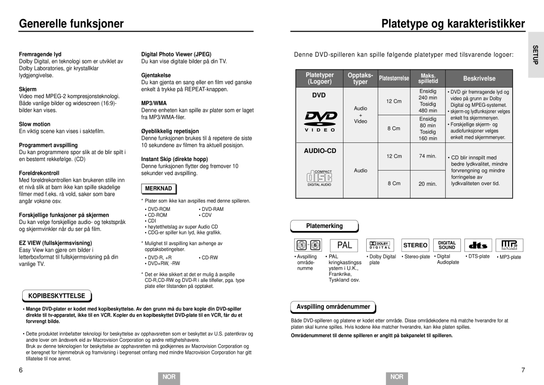 Samsung DVD-E232A/XEL Generelle funksjoner Platetype og karakteristikker, Platemerking, Avspilling områdenummer, MP3/WMA 