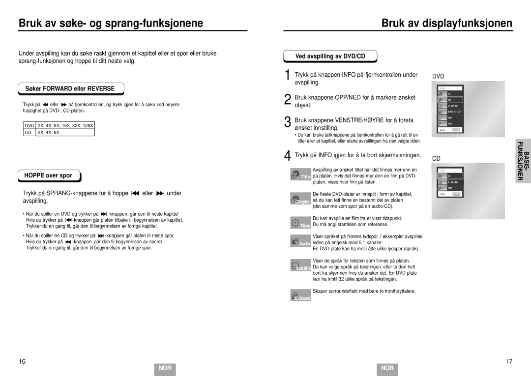 Samsung DVD-E232A/XEL manual Søker Forward eller Reverse, Ved avspilling av DVD/CD, Hoppe over spor 