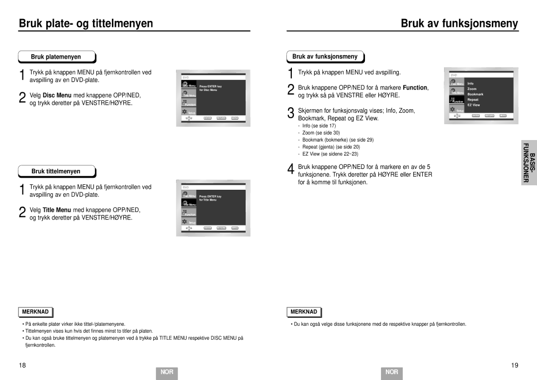 Samsung DVD-E232A/XEL manual Bruk av funksjonsmeny, Trykk på knappen Menu ved avspilling 