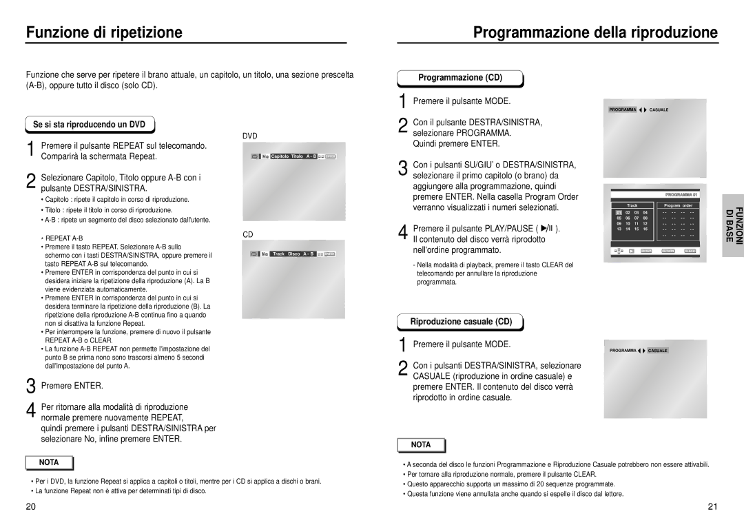 Samsung DVD-E232A/XET manual Programmazione della riproduzione, Funzioni DI Base 