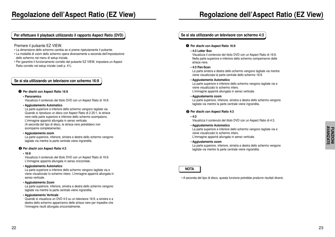 Samsung DVD-E232A/XET manual Regolazione dell’Aspect Ratio EZ View, Premere il pulsante EZ View 