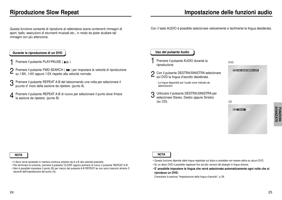 Samsung DVD-E232A/XET manual Riproduzione Slow Repeat, Impostazione delle funzioni audio, Uso del pulsante Audio 