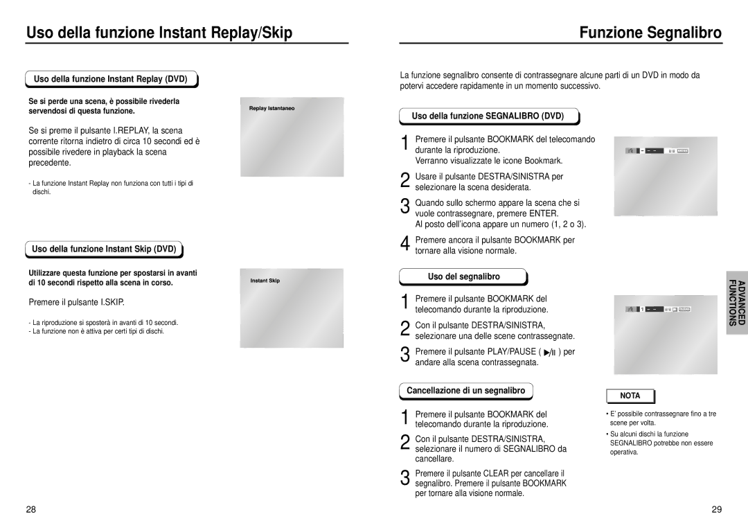 Samsung DVD-E232A/XET manual Uso della funzione Instant Replay/Skip, Funzione Segnalibro 