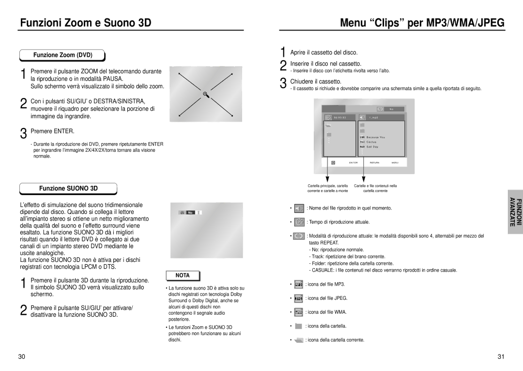 Samsung DVD-E232A/XET manual Funzioni Zoom e Suono 3D, Funzione Zoom DVD, Funzioni Avanzate 