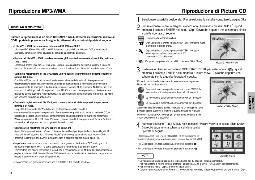 Samsung DVD-E232A/XET manual Riproduzione MP3/WMA, Riproduzione di Picture CD, Dischi CD-R MP3/WMA 