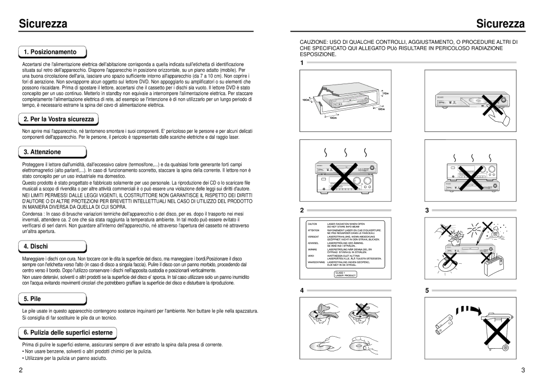 Samsung DVD-E232A/XET manual Sicurezza 