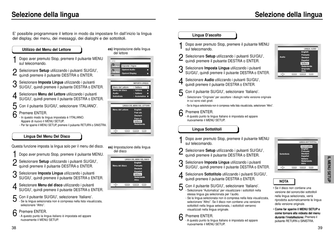 Samsung DVD-E232A/XET manual Selezione della lingua, Utilizzo del Menu del Lettore, Lingua D’ascolto 