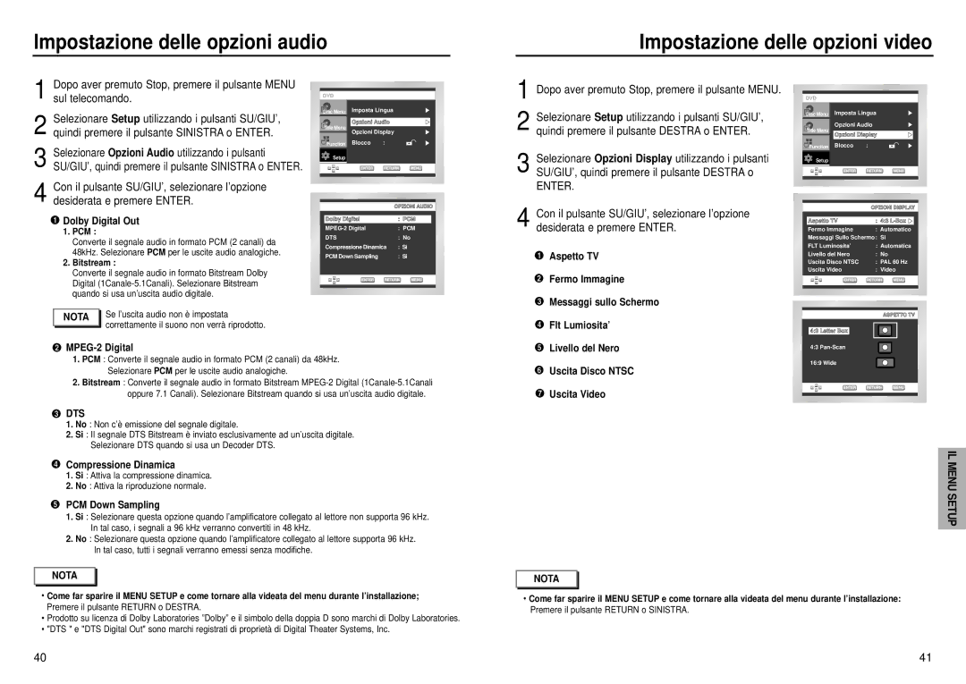 Samsung DVD-E232A/XET manual Uscita Disco Ntsc, Dts, Compressione Dinamica, PCM Down Sampling, IL Menu Setup 