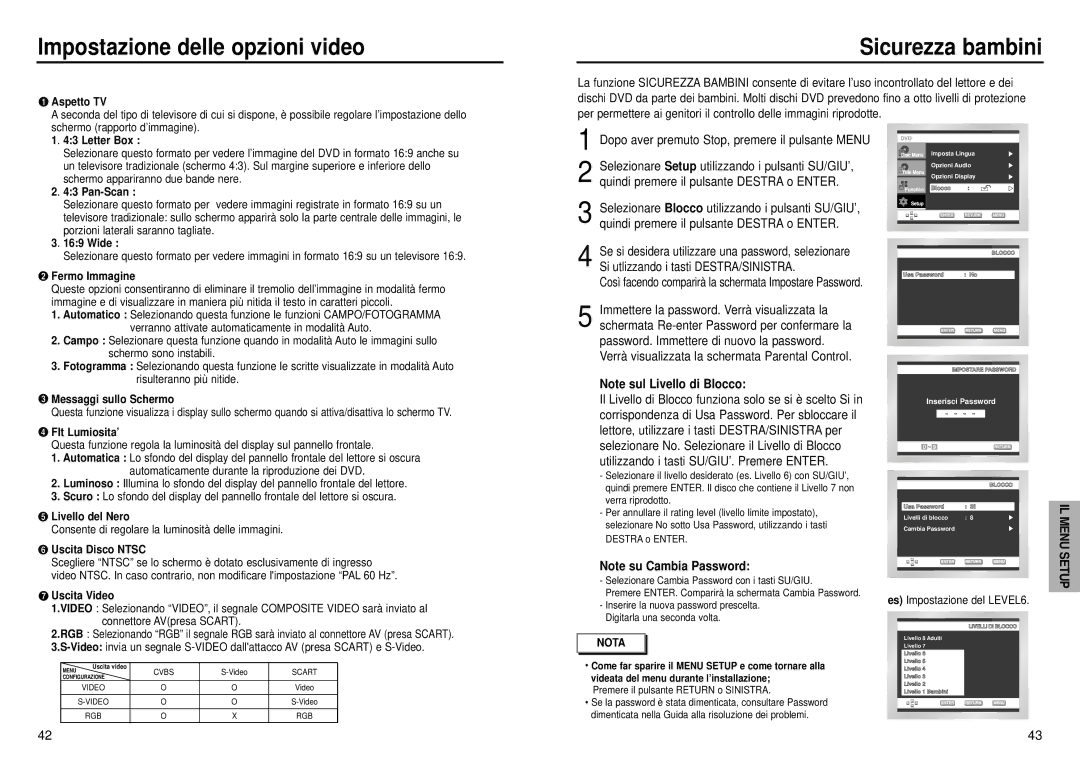 Samsung DVD-E232A/XET manual Impostazione delle opzioni video, Sicurezza bambini 