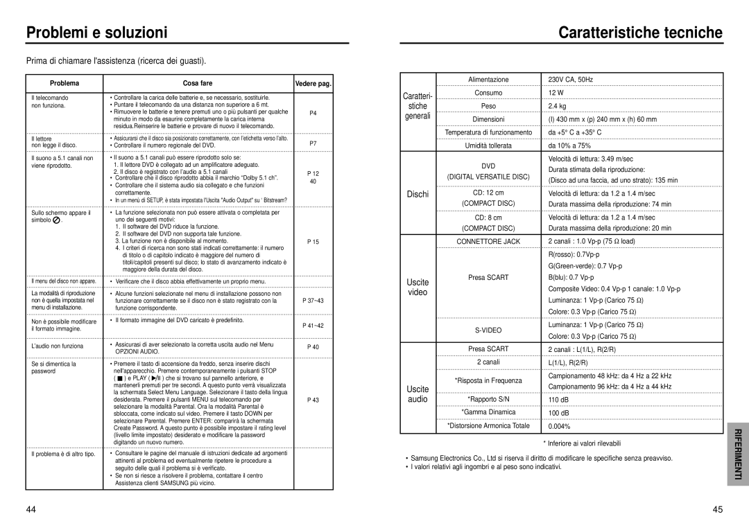 Samsung DVD-E232A/XET Problemi e soluzioni, Caratteristiche tecniche, Prima di chiamare lassistenza ricerca dei guasti 