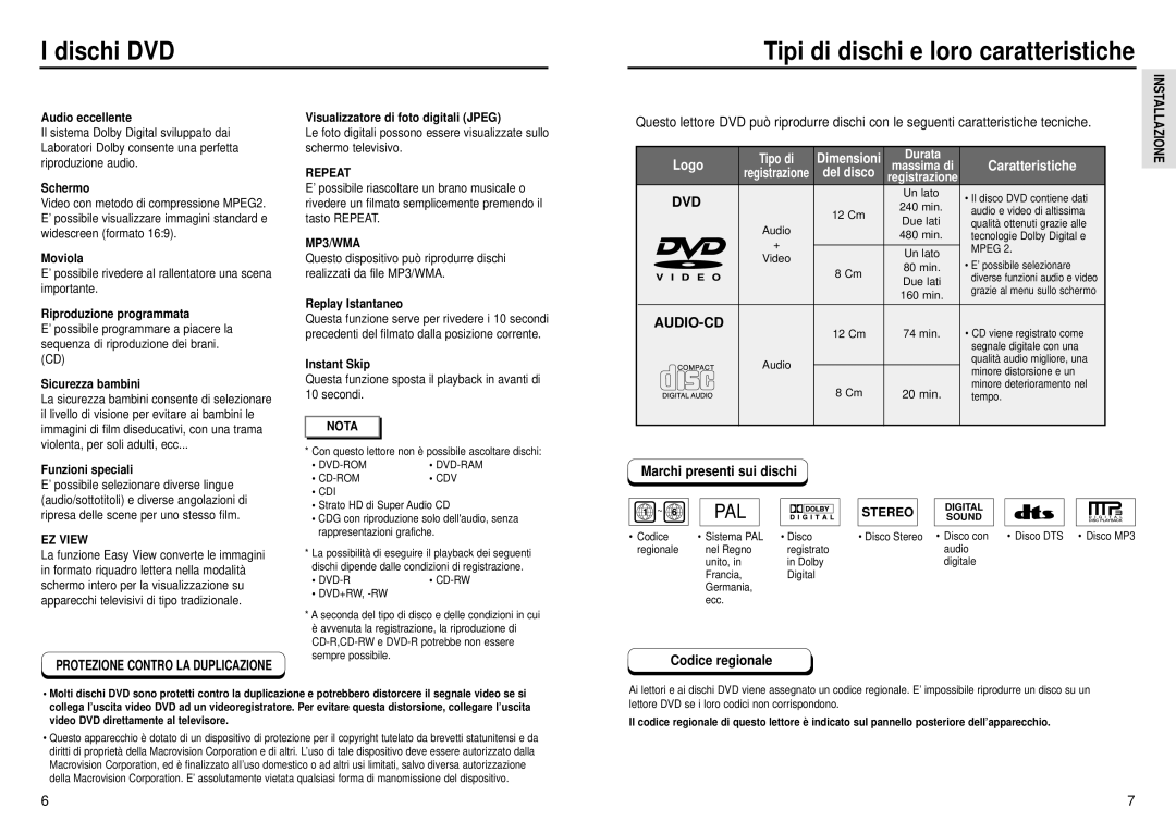 Samsung DVD-E232A/XET manual Dischi DVD Tipi di dischi e loro caratteristiche, Marchi presenti sui dischi, Codice regionale 