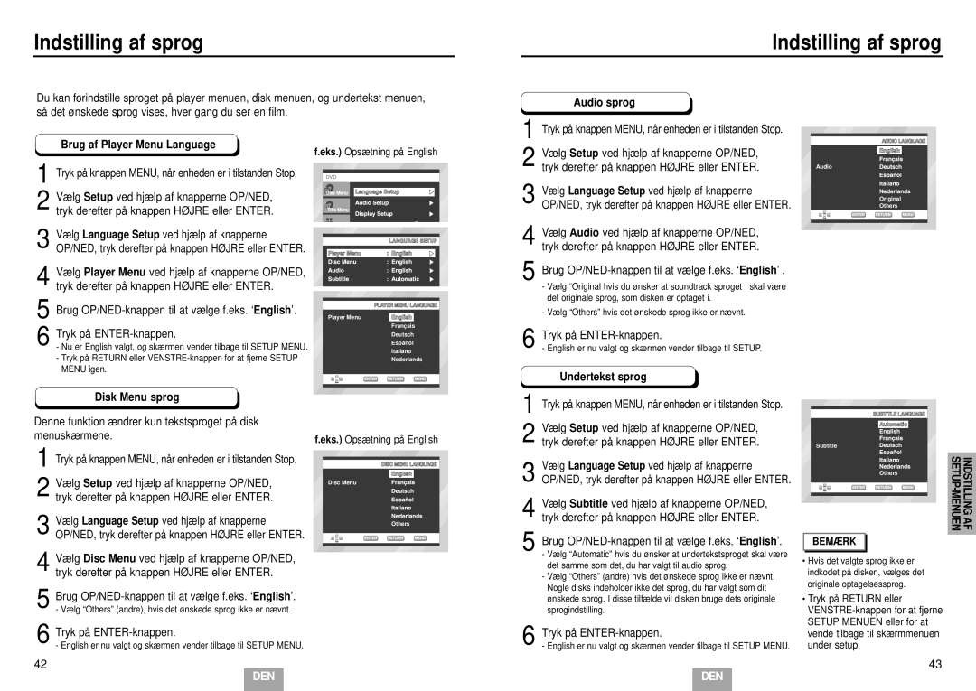 Samsung DVD-E232/XEE Indstilling af sprog, Brug af Player Menu Language, Audio sprog, Undertekst sprog Disk Menu sprog 