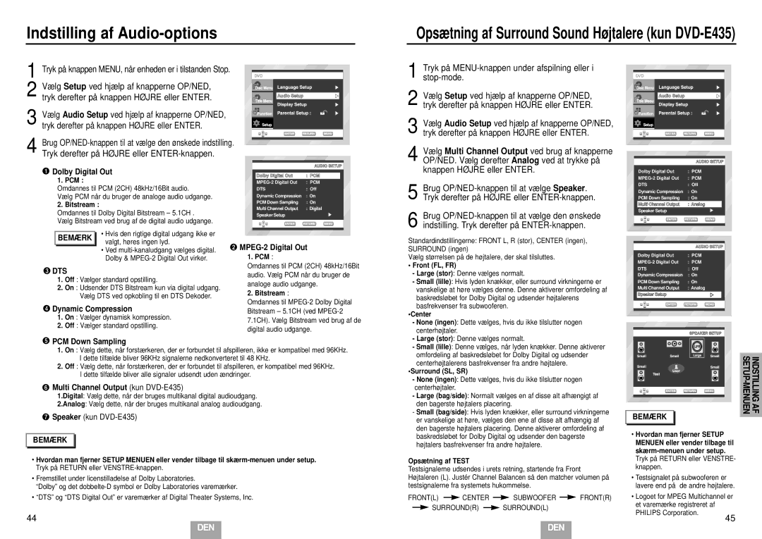 Samsung DVD-E232/XEE Indstilling af Audio-options, Multi Channel Output kun DVD-E435, SETUP-MENUEN Indstilling AF Bemærk 