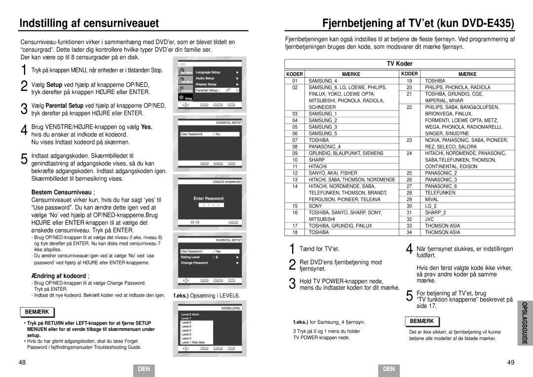 Samsung DVD-E232/XEE manual Indstilling af censurniveauet, Fjernbetjening af TV’et kun DVD-E435, Bestem Censurniveau 