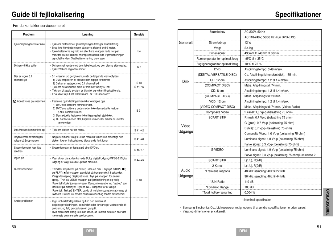 Samsung DVD-E232/XEE manual Guide til fejllokalisering, Specifikationer, Før du kontakter servicecenteret, Problem Løsning 