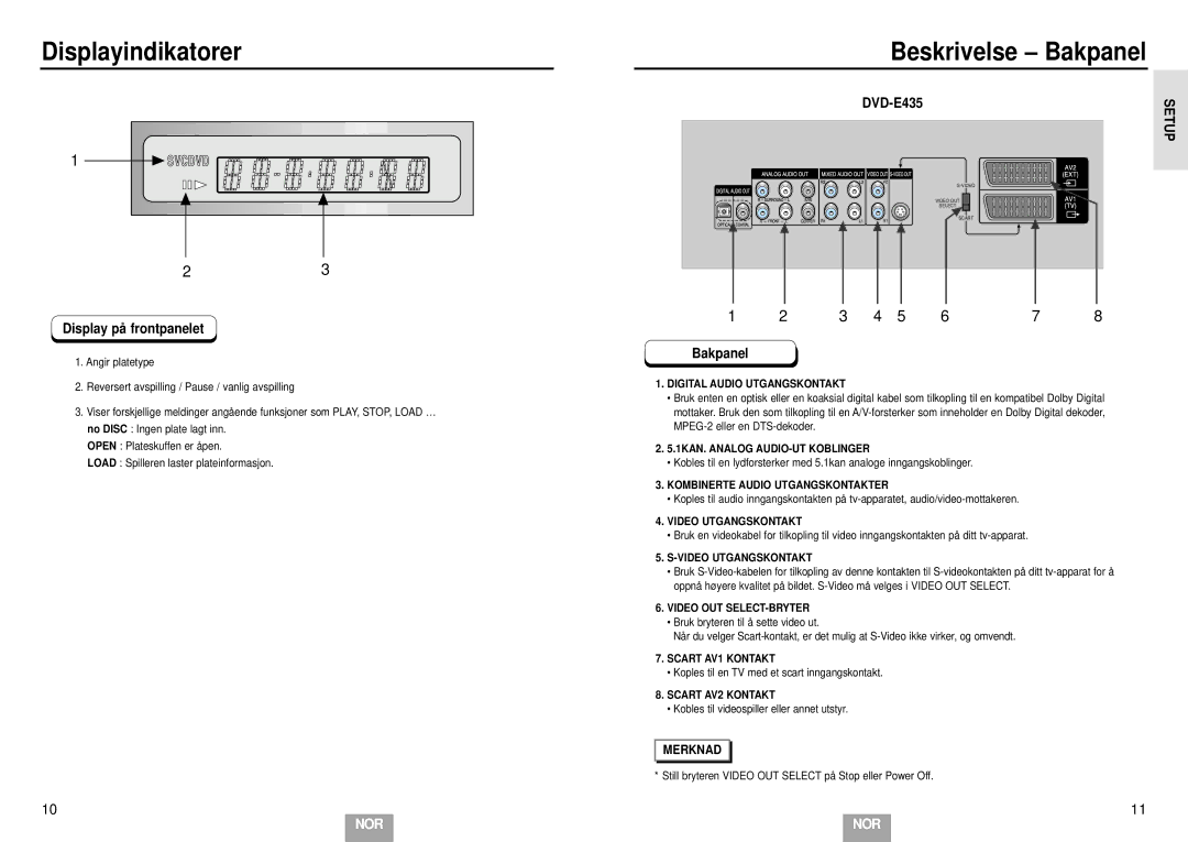 Samsung DVD-E232/XEE manual Displayindikatorer, Beskrivelse Bakpanel, Display på frontpanelet, DVD-E435 