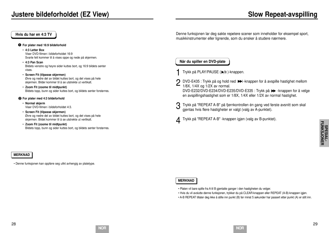 Samsung DVD-E232/XEE manual Slow Repeat-avspilling, Hvis du har en 43 TV, Nå r du spiller en DVD-plate 