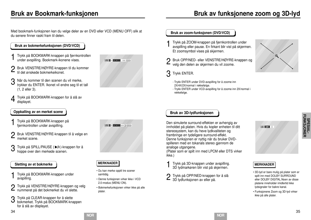 Samsung DVD-E232/XEE manual Bruk av Bookmark-funksjonen, Bruk av funksjonene zoom og 3D-lyd, Bruk av 3D-lydfunksjonen 