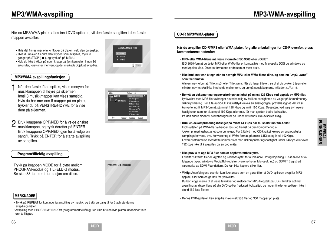 Samsung DVD-E232/XEE MP3/WMA-avspilling, MP3/WMA avspillingsfunksjon, Program/tilfeldig avspilling, CD-R MP3/WMA-plater 
