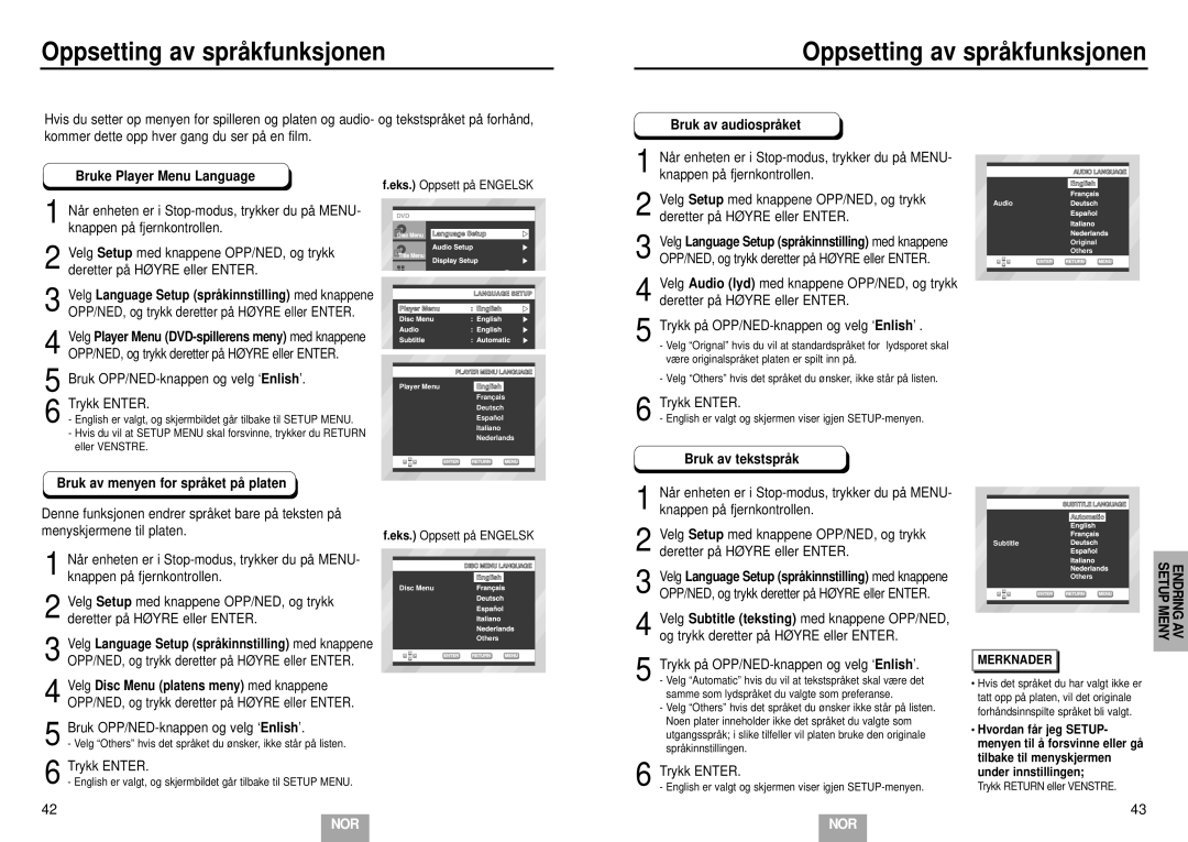 Samsung DVD-E232/XEE manual Oppsetting av språ kfunksjonen, Bruke Player Menu Language, Bruk av audiosprå ket 