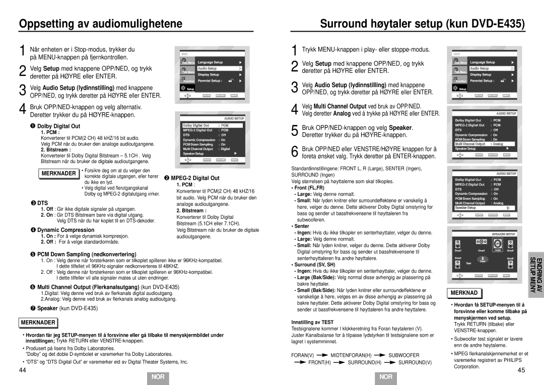 Samsung DVD-E232/XEE manual Setup Meny Endring AV, Dts 