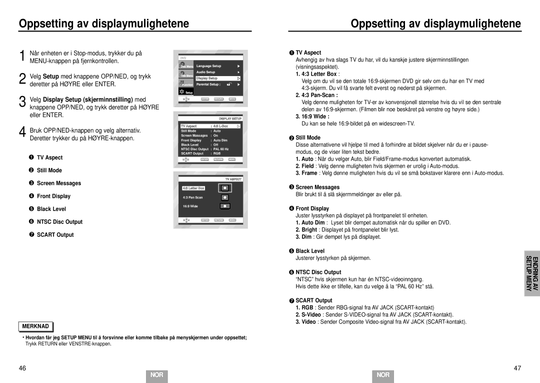 Samsung DVD-E232/XEE manual Oppsetting av displaymulighetene, TV Aspect, Letter Box, Pan-Scan, Wide 