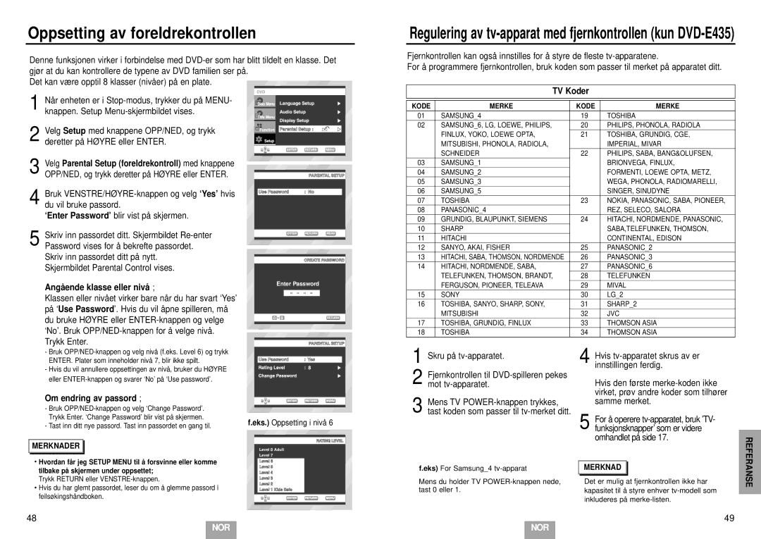 Samsung DVD-E232/XEE manual Oppsetting av foreldrekontrollen, TV Koder, Angå ende klasse eller nivå, Om endring av passord 