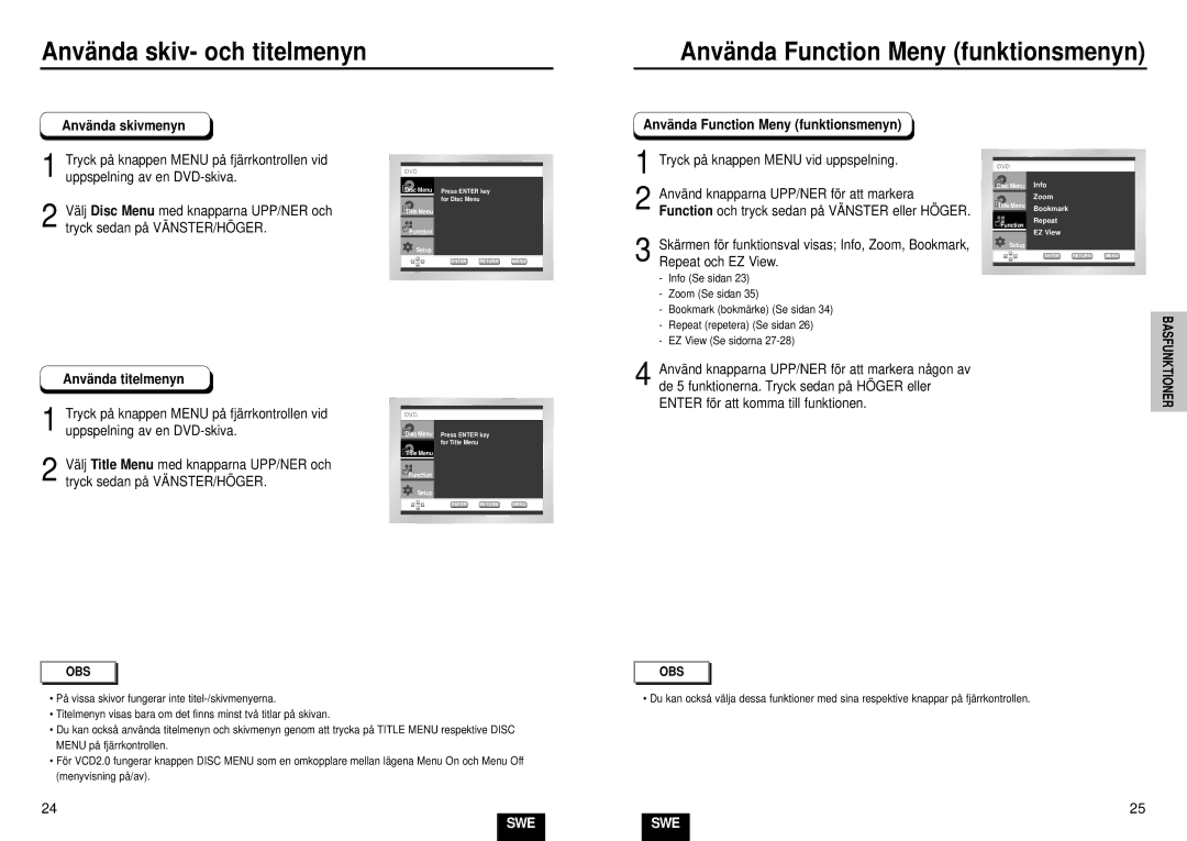 Samsung DVD-E232/XEE manual Anvä nda Function Meny funktionsmenyn, Tryck på knappen Menu vid uppspelning 