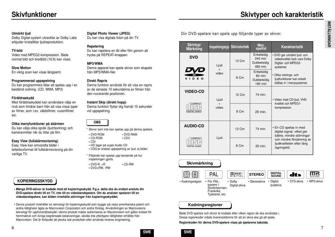 Samsung DVD-E232/XEE Skivfunktioner Skivtyper och karakteristik, Din DVD-spelare kan spela upp följande typer av skivor 