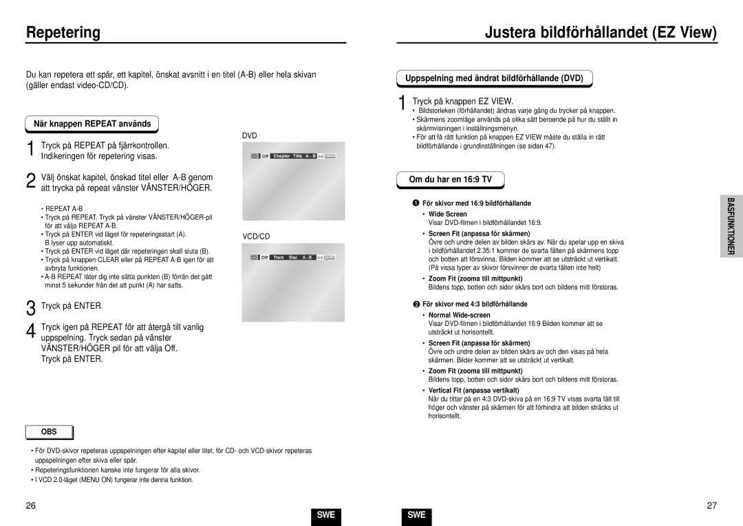 Samsung DVD-E232/XEE manual Justera bildfö rhå llandet EZ View, Uppspelning med ä ndrat bildfö rhå llande DVD 