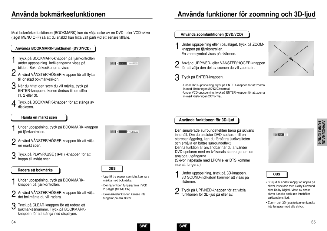 Samsung DVD-E232/XEE Använda bokmärkesfunktionen, Använda BOOKMARK-funktionen DVD/VCD, Anvä nda zoomfunktionen DVD/VCD 