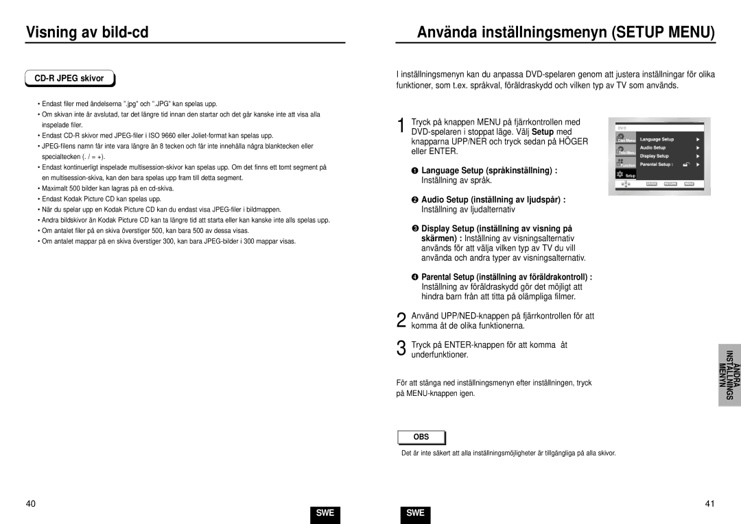 Samsung DVD-E232/XEE manual Anvä nda instä llningsmenyn Setup Menu, CD-R Jpeg skivor, Audio Setup instä llning av ljudspå r 