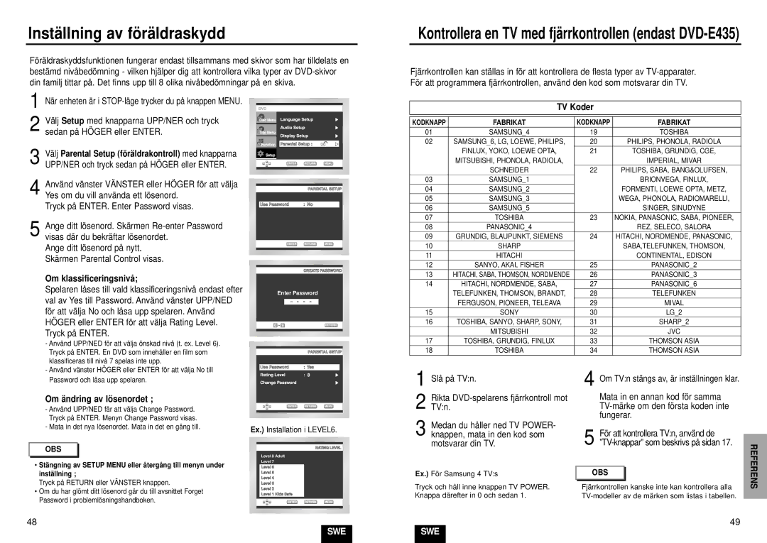 Samsung DVD-E232/XEE manual Instä llning av fö rä ldraskydd, Om klassificeringsnivå, TV Koder, Om ä ndring av lö senordet 