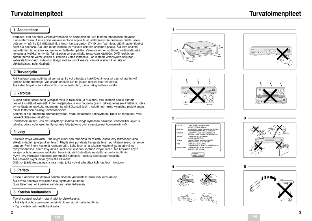 Samsung DVD-E232/XEE manual Turvatoimenpiteet 