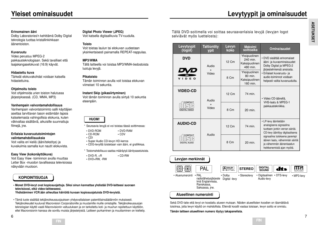 Samsung DVD-E232/XEE manual Yleiset ominaisuudet Levytyypit ja ominaisuudet, Levyjen merkinnät, Kopiointisuoja, Huom 