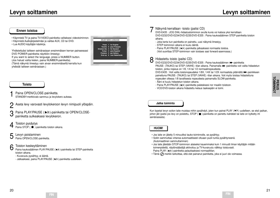 Samsung DVD-E232/XEE manual Levyn soittaminen, Ennen toistoa, Toisto 