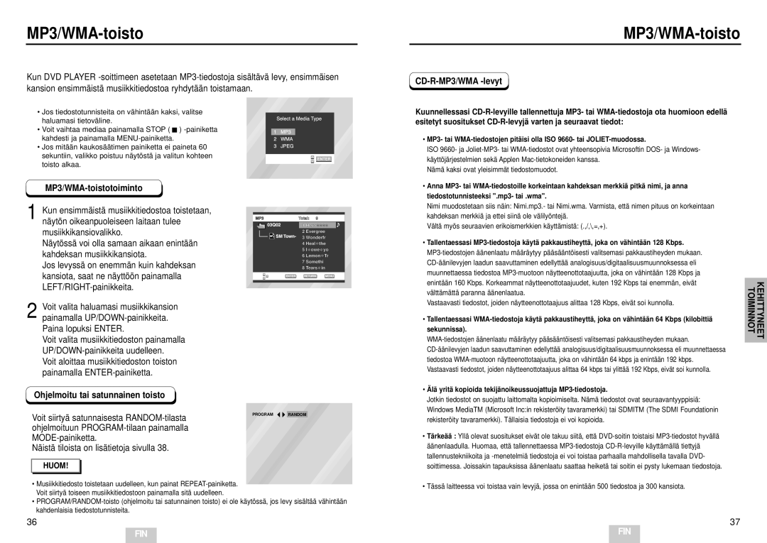 Samsung DVD-E232/XEE manual MP3/WMA-toistotoiminto, Ohjelmoitu tai satunnainen toisto, CD-R-MP3/WMA -levyt 