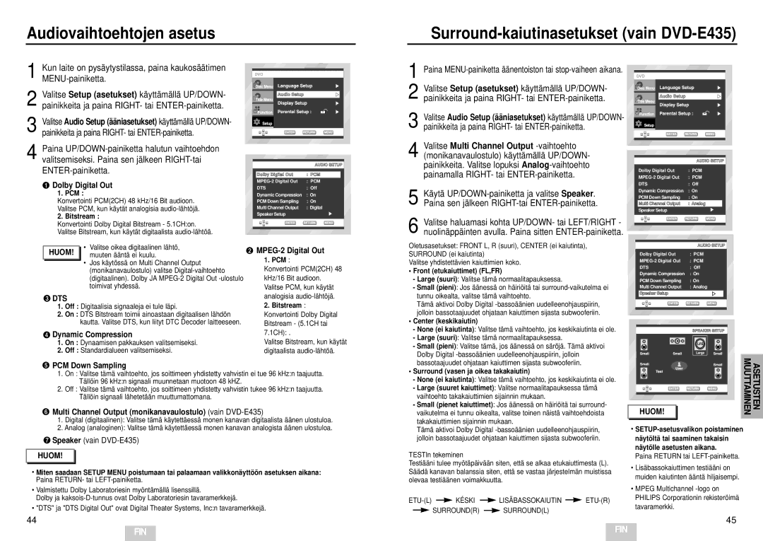 Samsung DVD-E232/XEE manual Audiovaihtoehtojen asetus, Asetusten Muuttaminen, PCM Down Sampling 