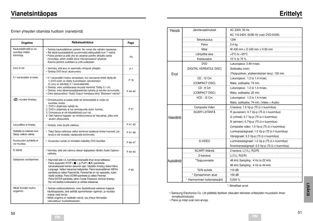 Samsung DVD-E232/XEE manual Vianetsintä opas, Erittelyt, Ennen yhteyden ottamista huoltoon vianetsintä, Yleistä, Evyt 