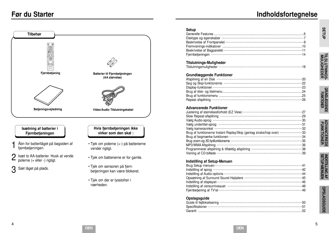 Samsung DVD-E232/XEE manual Før du Starter, Indholdsfortegnelse, Tilslutnings, Muligheder 