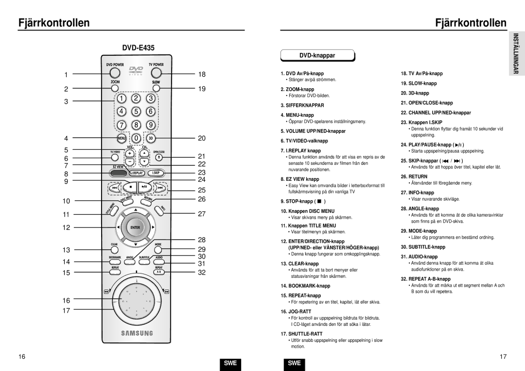 Samsung DVD-E232/XEE manual Instä Llningar, Jog-Ratt, Shuttle-Ratt, Return 