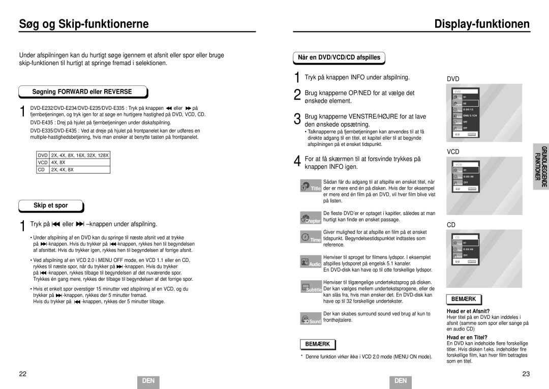 Samsung DVD-E232/XEE manual Søg og Skip-funktionerne Display-funktionen, Søgning Forward eller Reverse, Skip et spor 