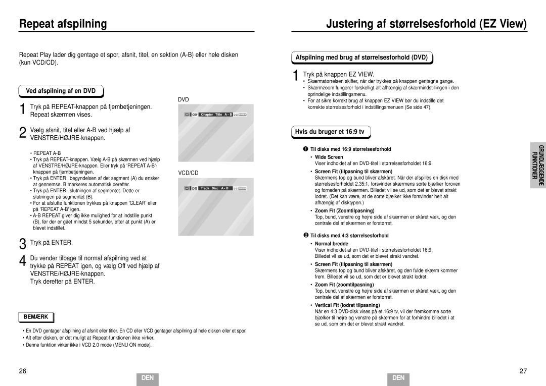 Samsung DVD-E232/XEE manual Repeat afspilning, Justering af størrelsesforhold EZ View, Hvis du bruger et 169 tv 